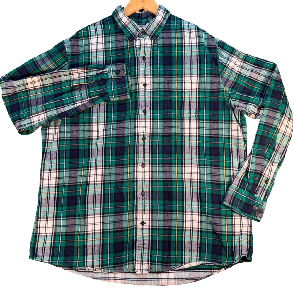 Lands End Mens XL Tall Green Plaid Flannel Button Down Shirt